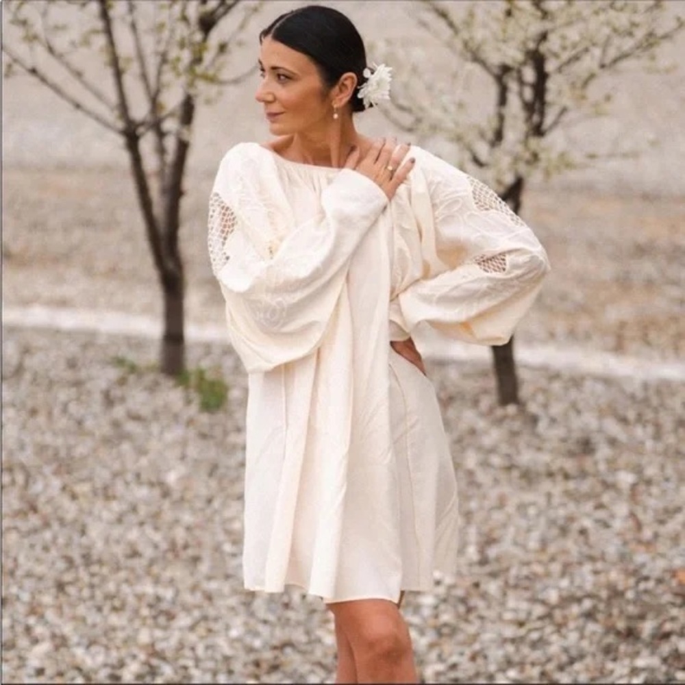 H&M Cream Low Back Voluminous Embroidery Sleeves  Voluminous Mini Dress, S